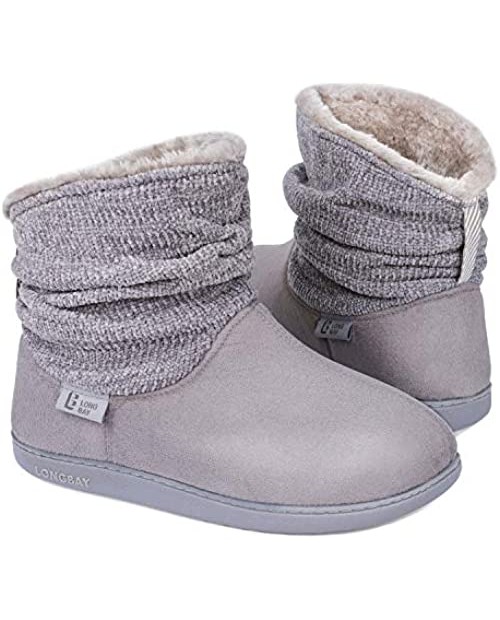 LongBay Women's Warm Chenille Knit Bootie Slippers Memory Foam Comfy Suede Fluffy Faux Fur Memory Foam Boots House Shoes