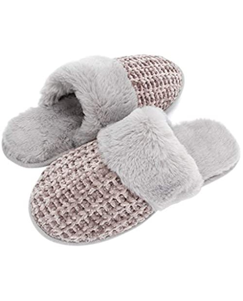 LUBOT 2021 Women's Cozy Memory Foam Slippers Fuzzy Plush Faux Fur Lined Knitted Anti-Skid House Shoes Indoor & Outdoor