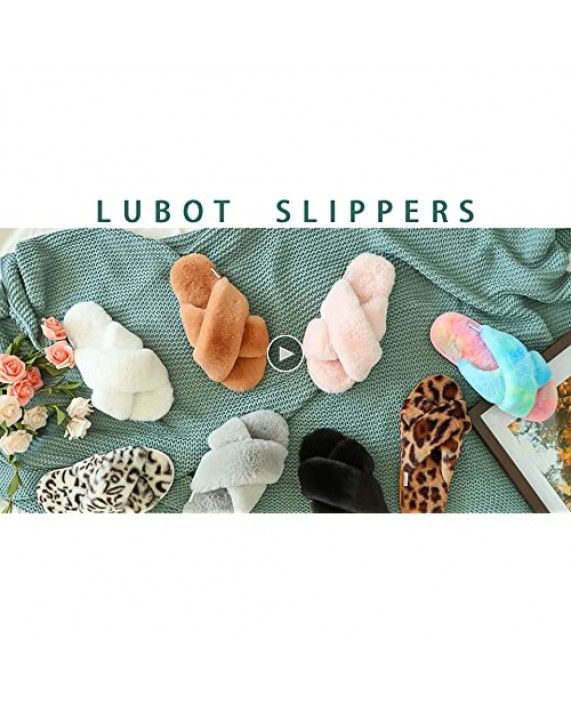 LUBOT 2021 Women's Cross Band Cozy Memory Foam Slippers Soft Plush Furry Fluffy Faux Fur Open Toe House Slippers Indoor/Outdoor