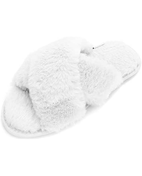 LUBOT 2021 Women's Cross Band Cozy Memory Foam Slippers Soft Plush Furry Fluffy Faux Fur Open Toe House Slippers Indoor/Outdoor