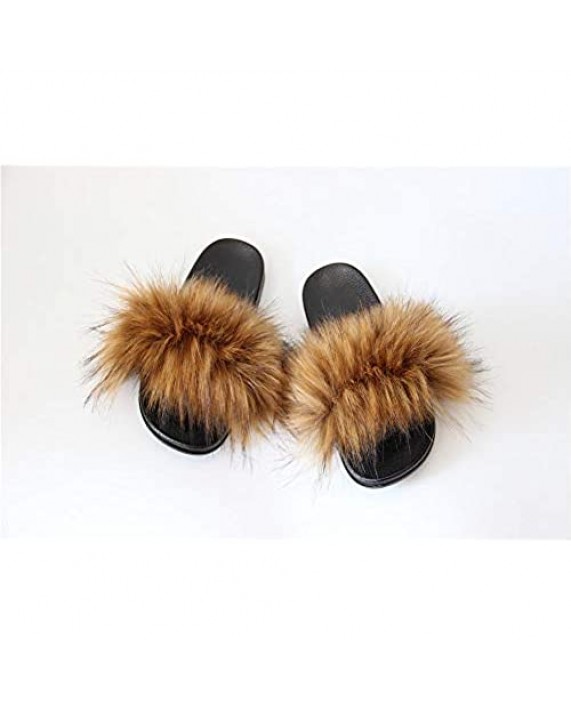 QMFUR Women's Vegan Faux Fur Slippers Fuzzy Slides Fluffy Sandals Open Toe Indoor Outdoor
