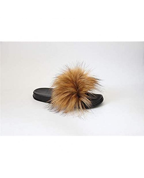 QMFUR Women's Vegan Faux Fur Slippers Fuzzy Slides Fluffy Sandals Open Toe Indoor Outdoor