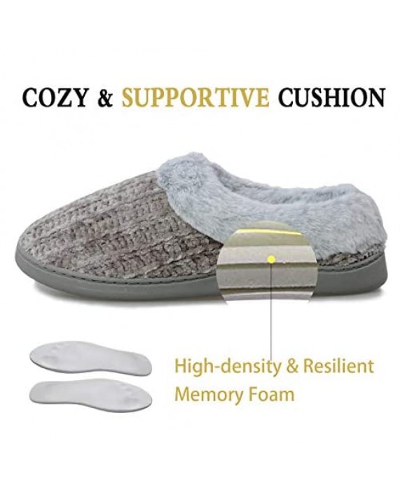 shoeslocker Women's Cozy Memory Foam Slippers Fuzzy Plush Lined House Shoes Indoor Outdoor Anti-Skid Rubber Sole