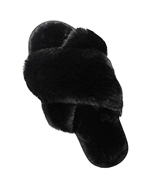 Slippers for Women Open Toe Womens House Slippers Fuzzy Fluffy Cozy Memory Foam Anti-Skid Plush Criss Cross Furry Slides Indoor Outdoor