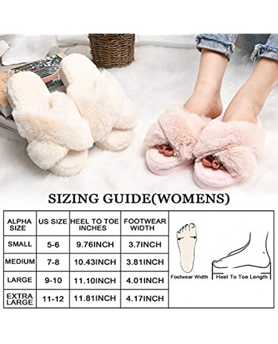 TEMI Cozy Fuzzy Furry Slippers for Women Open Toe Breathable Cross Band Memory Foam Fluffy Bedroom Spa House Slippers Soft Plush Fur Slip On House Shoes Indoor Outdoor