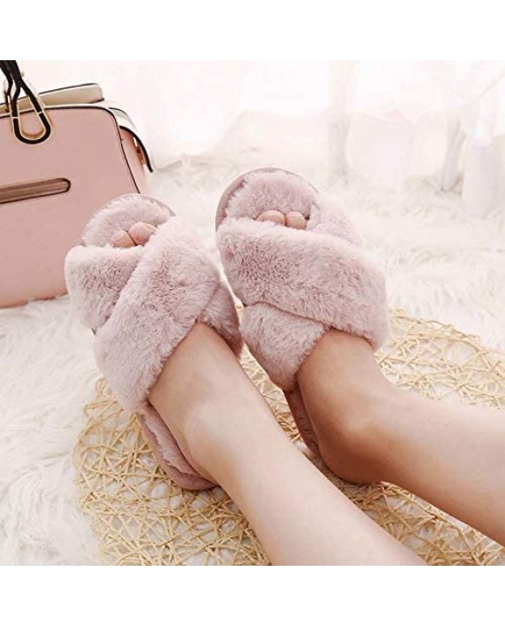 TONGSONG Cozy House Slippers for Women for Indoor and Outdoor Fuzzy Slippers Womens with Cross Band Open Toe Slippers Women Plush Fleece House Shoes