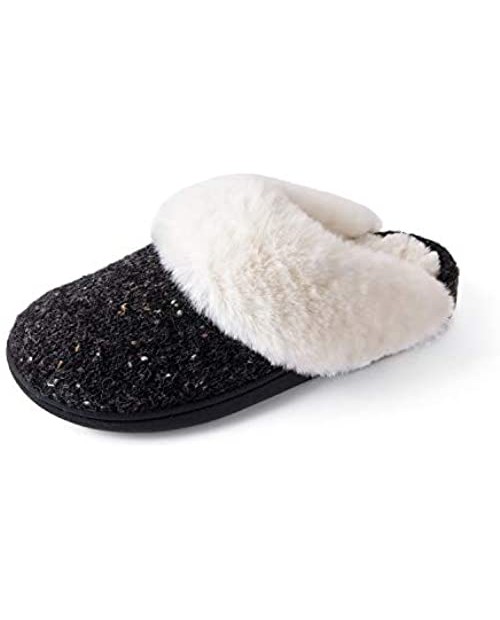 ULTRAIDEAS Women's Cozy Memory Foam Scuff Slippers with Plush Fuzzy Faux Rabbit-Wool Collar Ladies' Slip on Knitted House Shoes with Indoor Outdoor Anti-Skid Rubber Sole