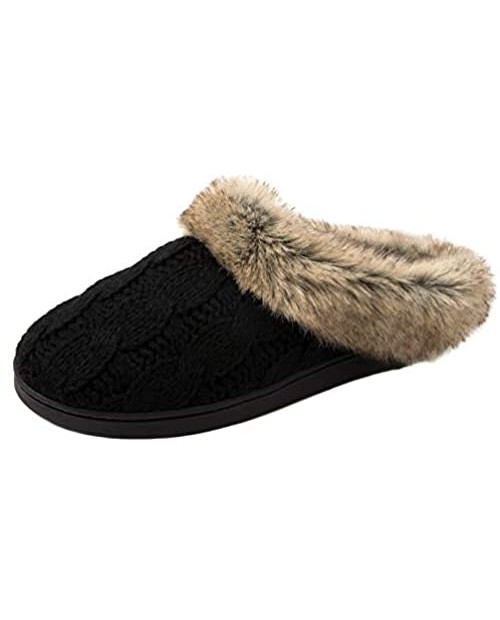 ULTRAIDEAS Women's Soft Yarn Cable Knitted Slippers Memory Foam Anti-Skid Sole House Shoes w/Faux Fur Collar Indoor & Outdoor