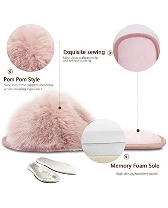 Women Fuzzy House Slippers :Fluffy Open Toe Summer Slippers - Bedroom Home Furry Slides Slippers - Fluffy Memory Foam Plush Shoes