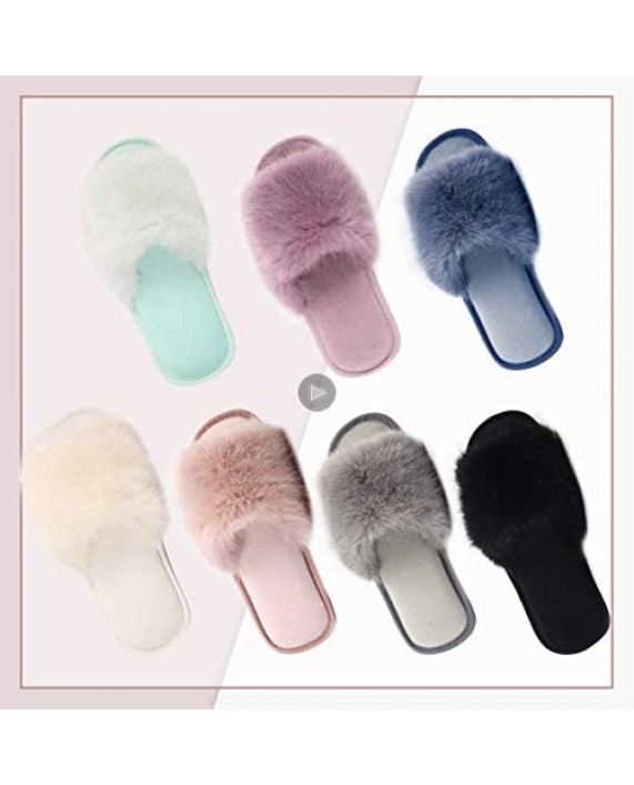 Women Fuzzy House Slippers :Fluffy Open Toe Summer Slippers - Bedroom Home Furry Slides Slippers - Fluffy Memory Foam Plush Shoes