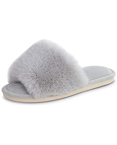 Women's Faux Fur Slippers Fuzzy Flat Spa Fluffy Open Toe House Shoes Indoor Outdoor Slip on Memory Foam Slide Sandals
