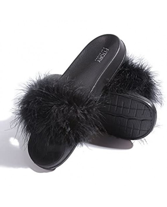 Womens Slides Arch Support Sandals with Faux Fur Comfort Fuzzy Slippers