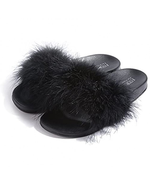 Womens Slides Arch Support Sandals with Faux Fur Comfort Fuzzy Slippers