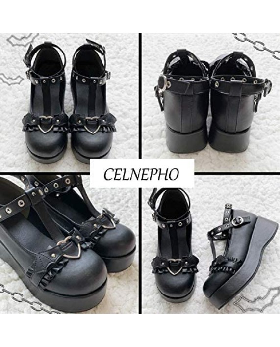 CELNEPHO Womens Mary Jane Shoes for Women Sweet Bow Round Toe Ankle T-Strap Lolita Goth Platform Dress Pumps Shoes Oxfords
