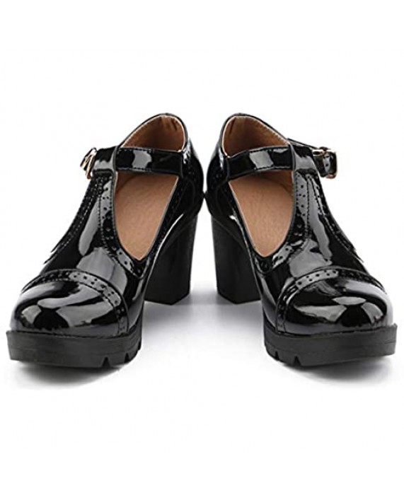 DADAWEN Women's Classic T-Strap Platform Mid-Heel Square Toe Oxfords Dress Shoes