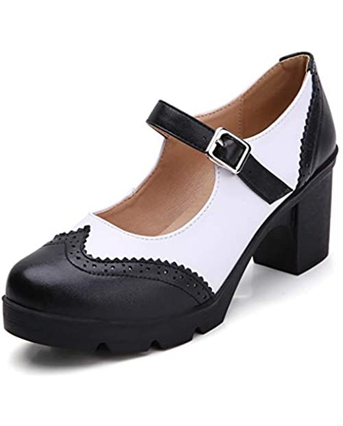 DADAWEN Women's Leather Classic Platform Mid Heel Mary Jane Square Toe Oxfords Dress Shoes