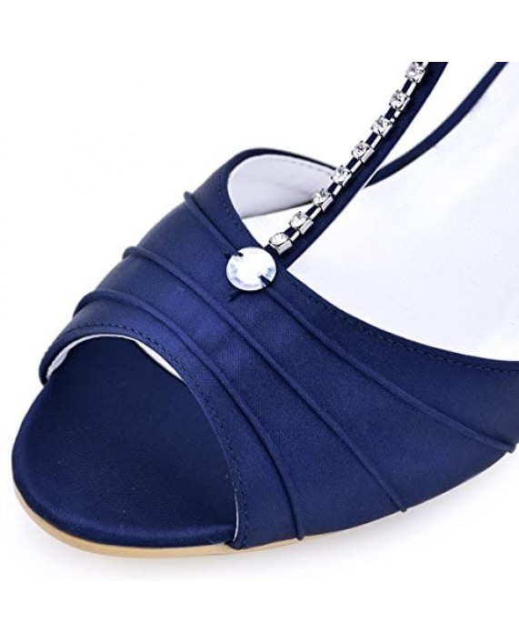 ElegantPark EL-035 Women Peep Toe T-Strap Pumps Mid Heel Rhinestones Satin Evening Wedding Bridal Sandals