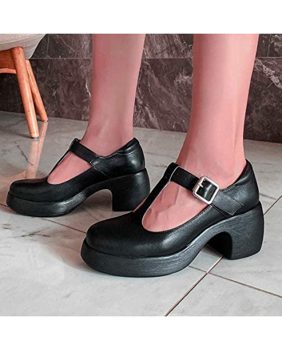 JARO VEGA Mary Jane Platform Shoes Leather for Women Gothic T-Strap with Adjustable Buckle Chunky Heel Pumps Goth Lolita Shoes