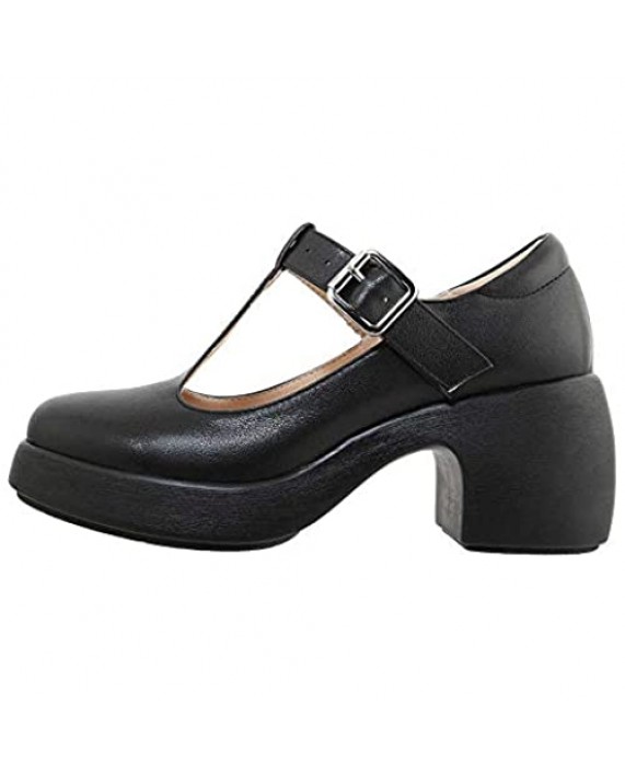 JARO VEGA Mary Jane Platform Shoes Leather for Women Gothic T-Strap with Adjustable Buckle Chunky Heel Pumps Goth Lolita Shoes
