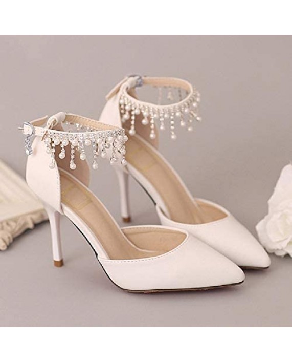 Pointed Toe Pumps High Heel Ankle Strap Dress Shoes Wedding Party Pump with Pearl 3.54“