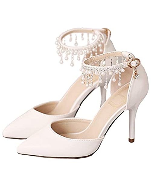 Pointed Toe Pumps High Heel Ankle Strap Dress Shoes Wedding Party Pump with Pearl 3.54“