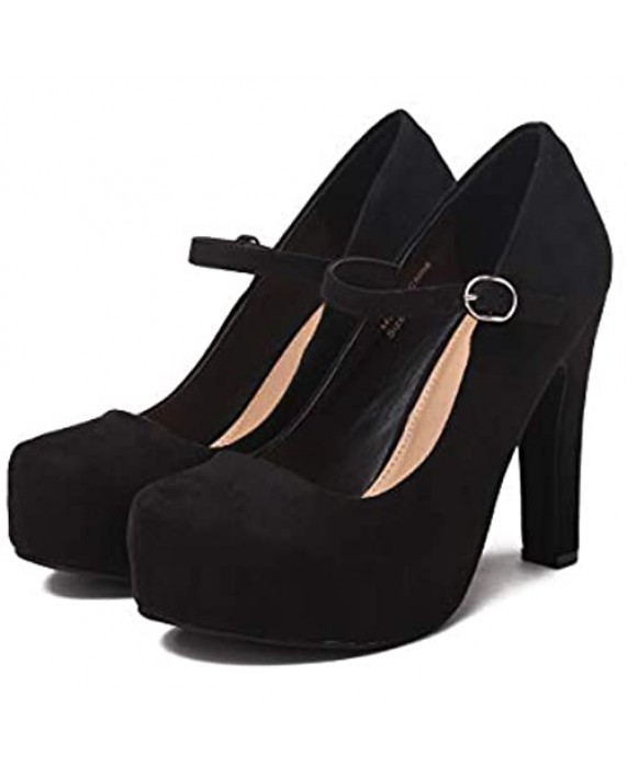 Sivellya Women's Classic High Heel Dress Platform Pumps Shoes Wide Width Ankle Strap Block Heel Pumps Black Size 6 to 13