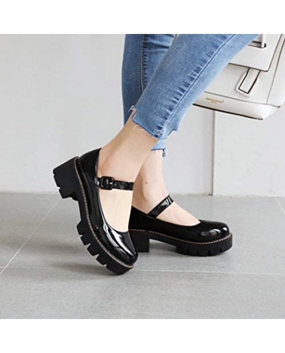 Women's Round Toe Ankle Strap Mary Janes Platform Low Heel Chunky Pumps Oxford Dress Shoes